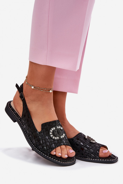 Damensandalen mit Ornamenten mit breiten Absätzen S.Barski KV51-096 schZuarze Farbe