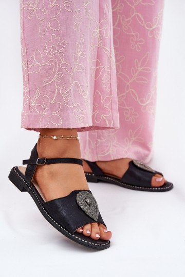 Damensandalen mit breiten Absätzen mit Ornamenten S.Barski KV51-098 schZuarze Farbe