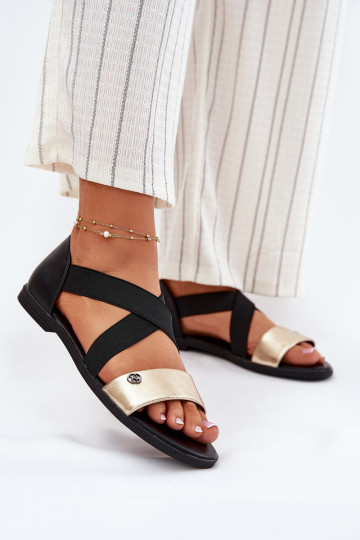 Flache Sandalen für Damen Z Elastycznymi Paskami SchZuarz und-goldene Farbe Es mussrinea