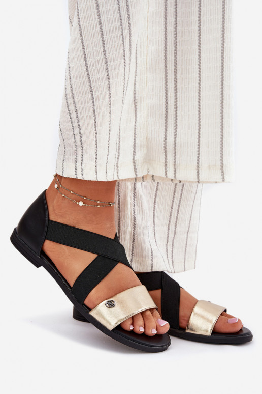 Flache Sandalen für Damen Z Elastycznymi Paskami SchZuarz und-goldene Farbe Es mussrinea Flache Sandalen für Damen Z Elastycznymi Paskami SchZuarz und-goldene Farbe Es mussrinea