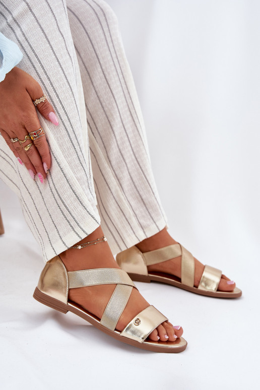 Flache Sandalen für Damen Z Elastycznymi Paskami goldene Farbe Es mussrinea Flache Sandalen für Damen Z Elastycznymi Paskami goldene Farbe Es mussrinea