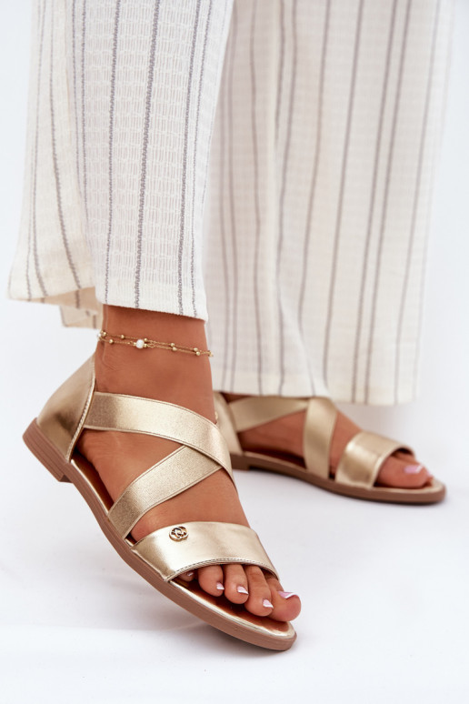 Flache Sandalen für Damen Z Elastycznymi Paskami goldene Farbe Es mussrinea Flache Sandalen für Damen Z Elastycznymi Paskami goldene Farbe Es mussrinea