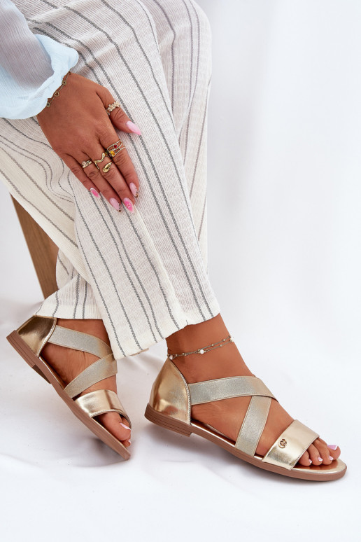 Flache Sandalen für Damen Z Elastycznymi Paskami goldene Farbe Es mussrinea Flache Sandalen für Damen Z Elastycznymi Paskami goldene Farbe Es mussrinea