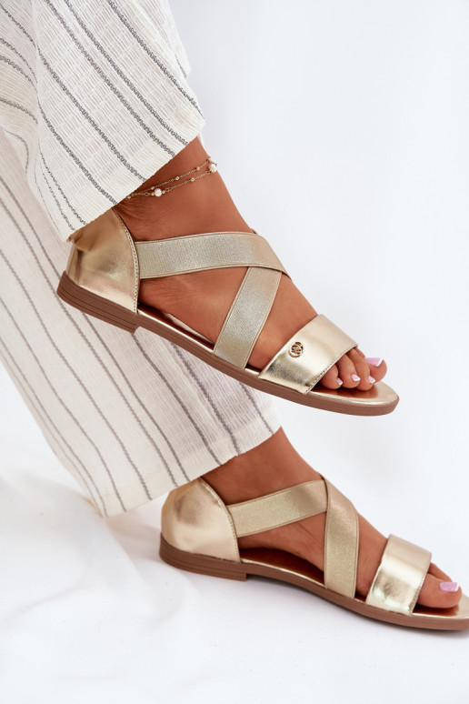 Flache Sandalen für Damen Z Elastycznymi Paskami goldene Farbe Es mussrinea Flache Sandalen für Damen Z Elastycznymi Paskami goldene Farbe Es mussrinea