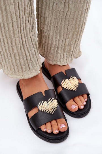 Damenhausschuhe mit breiten Absätzen mit goldenen Details schZuarze Farbe Karinma