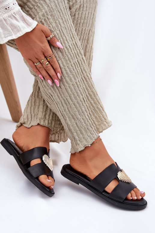 Damenhausschuhe mit breiten Absätzen mit goldenen Details schZuarze Farbe Karinma