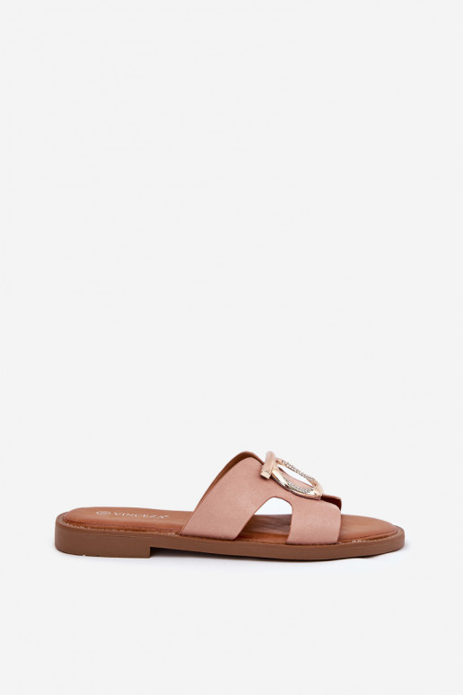 Damenhausschuhe mit breiten Absätzen mit Ornamenten Vinceza 17381 Beige