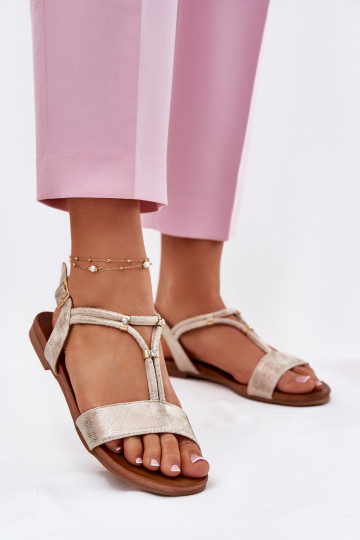 Feminin Flache Sandalen mit Streifen S.Barski KV51-120 goldene Farbe