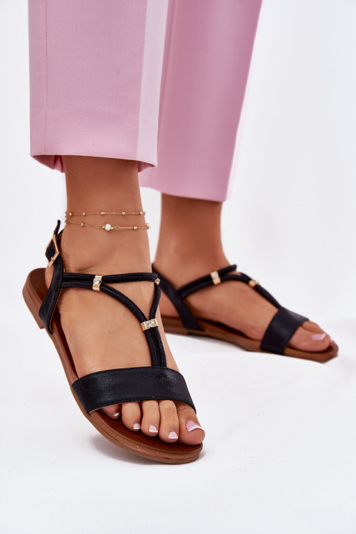 Feminin Flache Sandalen mit Streifen S.Barski KV51-120 schZuarze Farbe