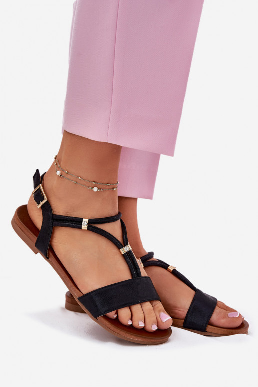 Feminin Flache Sandalen mit Streifen S.Barski KV51-120 schZuarze Farbe