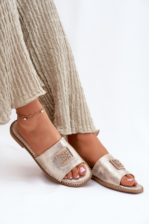 Flache Hausschuhe für Damen mit Ornamenten S.Barski KV51-089 goldene Farbe Flache Hausschuhe für Damen mit Ornamenten S.Barski KV51-089 goldene Farbe