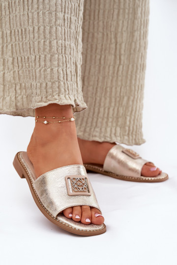 Flache Hausschuhe für Damen mit Ornamenten S.Barski KV51-089 goldene Farbe 2