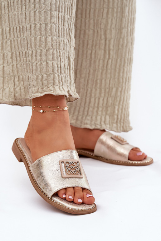 Flache Hausschuhe für Damen mit Ornamenten S.Barski KV51-089 goldene Farbe Flache Hausschuhe für Damen mit Ornamenten S.Barski KV51-089 goldene Farbe