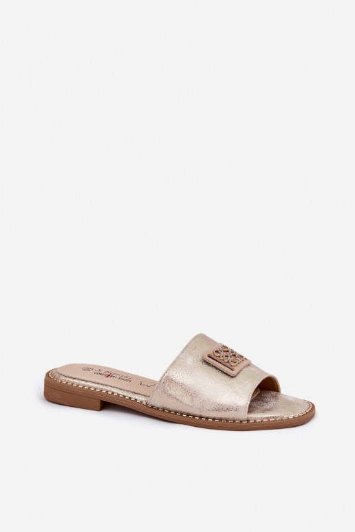 Flache Hausschuhe für Damen mit Ornamenten S.Barski KV51-089 goldene Farbe Flache Hausschuhe für Damen mit Ornamenten S.Barski KV51-089 goldene Farbe