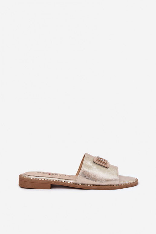 Flache Hausschuhe für Damen mit Ornamenten S.Barski KV51-089 goldene Farbe Flache Hausschuhe für Damen mit Ornamenten S.Barski KV51-089 goldene Farbe