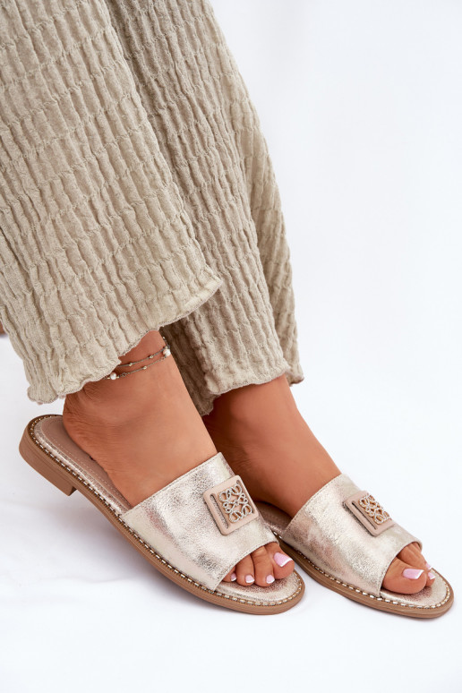 Flache Hausschuhe für Damen mit Ornamenten S.Barski KV51-089 goldene Farbe Flache Hausschuhe für Damen mit Ornamenten S.Barski KV51-089 goldene Farbe