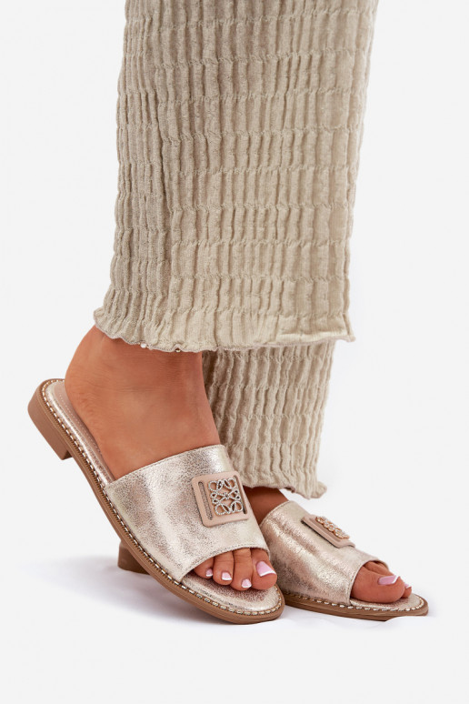 Flache Hausschuhe für Damen mit Ornamenten S.Barski KV51-089 goldene Farbe Flache Hausschuhe für Damen mit Ornamenten S.Barski KV51-089 goldene Farbe