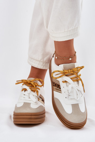 Weiße sportliche Damenschuhe für Damen mit Plateausohle, doppelten Schnürsenkeln und Leopardenmuster, „Niteria"