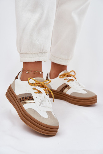 Weiße sportliche Damenschuhe für Damen mit Plateausohle, doppelten Schnürsenkeln und Leopardenmuster, „Niteria" 2