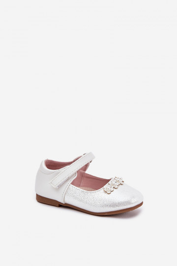 Weiße Kinder Ballerinas mit Klettverschluss und Blumenmuster, „Nikione"
