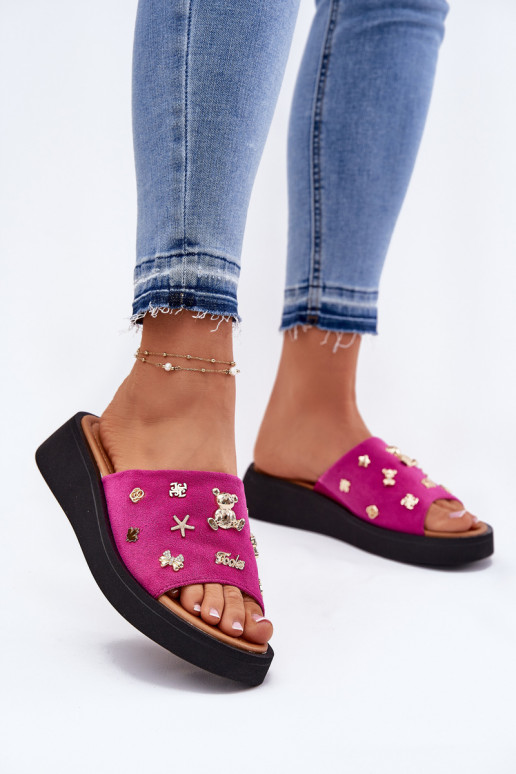 INildleder-Hausschuhe für Damen Z Przypinkami Vinceza 66741 pinke Farbe INildleder-Hausschuhe für Damen Z Przypinkami Vinceza 66741 pinke Farbe