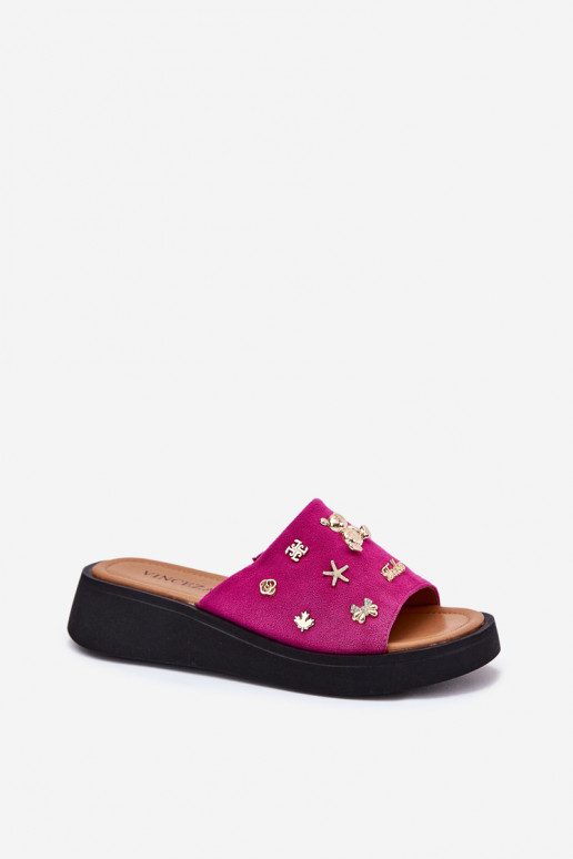 INildleder-Hausschuhe für Damen Z Przypinkami Vinceza 66741 pinke Farbe INildleder-Hausschuhe für Damen Z Przypinkami Vinceza 66741 pinke Farbe