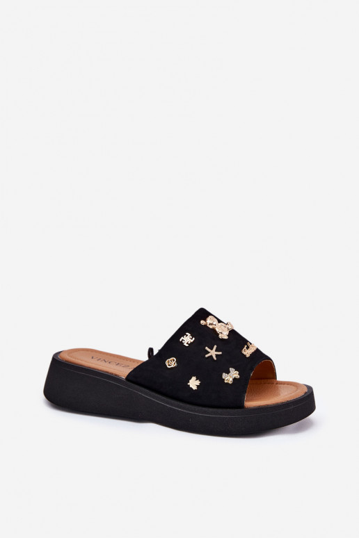 INildleder-Hausschuhe für Damen Z Przypinkami Vinceza 66741 schZuarze Farbe