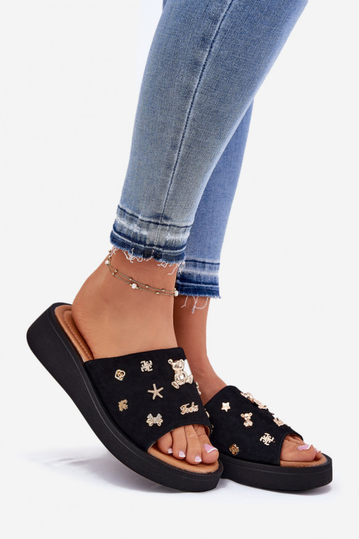 INildleder-Hausschuhe für Damen Z Przypinkami Vinceza 66741 schZuarze Farbe