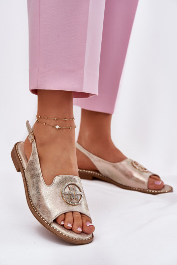 Damensandalen mit breiten Absätzen mit Ornamenten S.Barski KV51-002 goldene Farbe