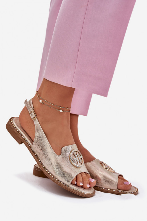 Damensandalen mit breiten Absätzen mit Ornamenten S.Barski KV51-002 goldene Farbe