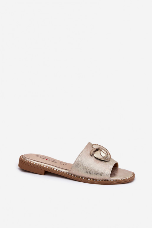 Damenhausschuhe mit breiten Absätzen Mit Dekorationen Detalem KV51-007 goldene Farbe Damenhausschuhe mit breiten Absätzen Mit Dekorationen Detalem KV51-007 goldene Farbe