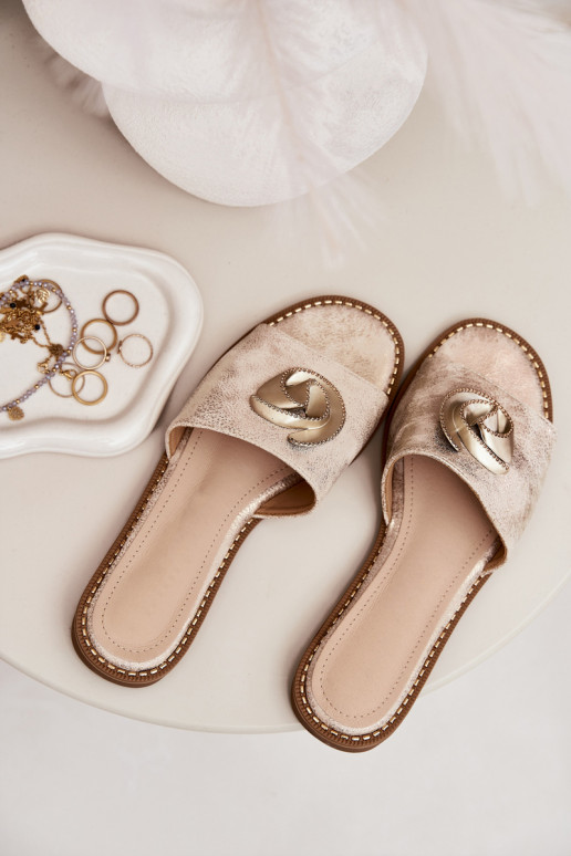 Damenhausschuhe mit breiten Absätzen Mit Dekorationen Detalem KV51-007 goldene Farbe Damenhausschuhe mit breiten Absätzen Mit Dekorationen Detalem KV51-007 goldene Farbe