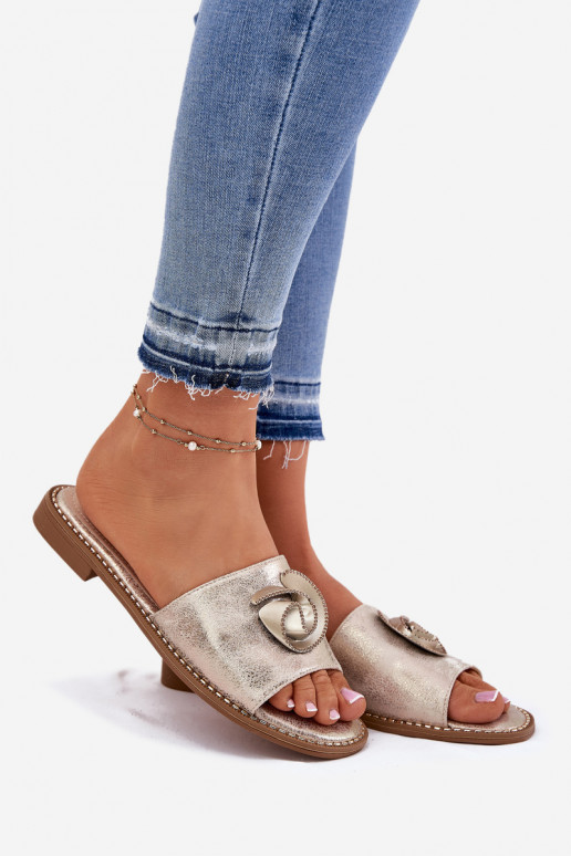 Damenhausschuhe mit breiten Absätzen Mit Dekorationen Detalem KV51-007 goldene Farbe Damenhausschuhe mit breiten Absätzen Mit Dekorationen Detalem KV51-007 goldene Farbe