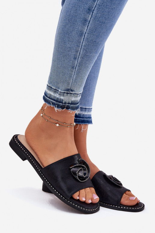 Damenhausschuhe mit breiten Absätzen Mit Dekorationen Detalem KV51-007 schZuarze Farbe Damenhausschuhe mit breiten Absätzen Mit Dekorationen Detalem KV51-007 schZuarze Farbe