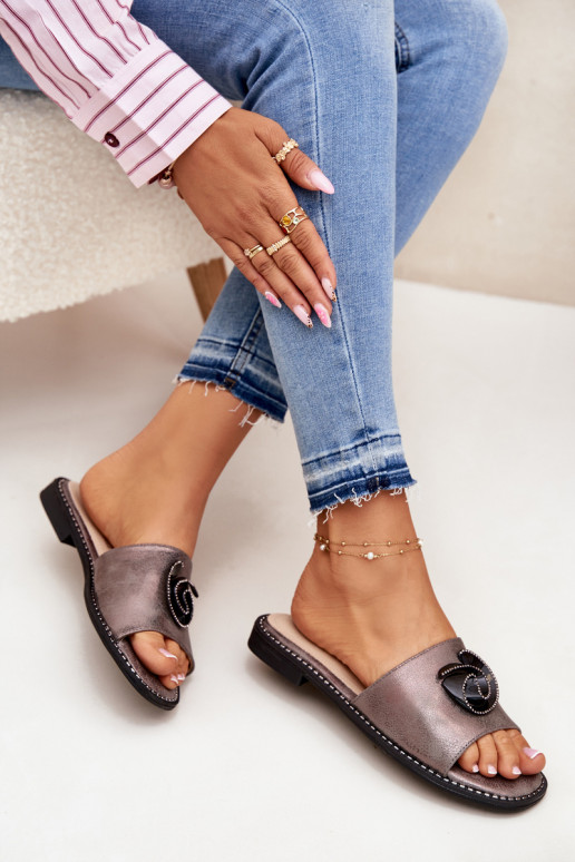 Damenhausschuhe mit breiten Absätzen Mit Dekorationen Detalem KV51-007 graue Farbe Damenhausschuhe mit breiten Absätzen Mit Dekorationen Detalem KV51-007 graue Farbe