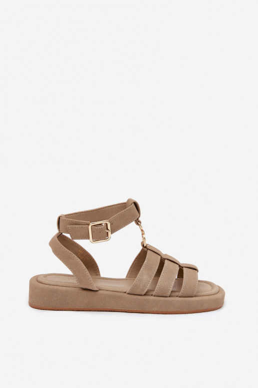 Damensandalen mit einer Plattform Ze goldene Farbem Detalem Khaki-Farbe Kartia Damensandalen mit einer Plattform Ze goldene Farbem Detalem Khaki-Farbe Kartia