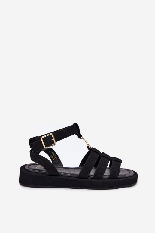 Damensandalen mit einer Plattform Ze goldene Farbem Detalem schZuarze Farbe Kartia Damensandalen mit einer Plattform Ze goldene Farbem Detalem schZuarze Farbe Kartia
