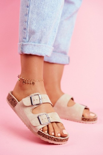 Feminin Hausschuhe Auf Korek mit Schnallen Beige Si Senor