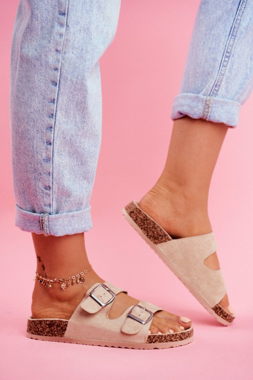 Feminin Hausschuhe Auf Korek mit Schnallen Beige Si Senor