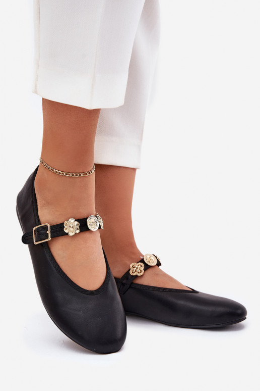 Ballerinas Feminin mit Riemen I goldene Farbemi Przypinkami schZuarze Farbe Firicene Ballerinas Feminin mit Riemen I goldene Farbemi Przypinkami schZuarze Farbe Firicene
