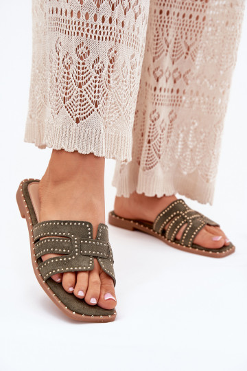 Dekoriert Hausschuhe mit breiten Absätzen grüne Farbe Anniles