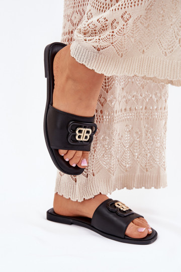 Flache Damen-Pantoletten mit eleganten Details Nenitta in Schwarz