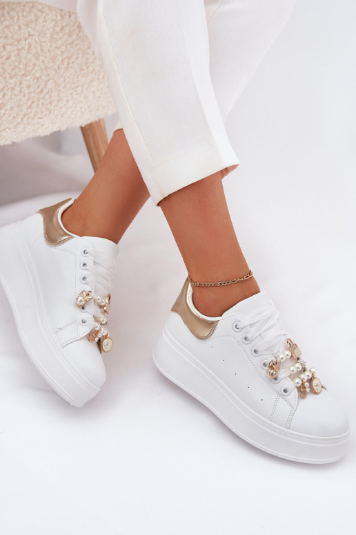 Sneakers Stilvollllschuhe Feminin mit einer Plattform Z Przypinkami INeiß-goldene Farbe Ocerdia