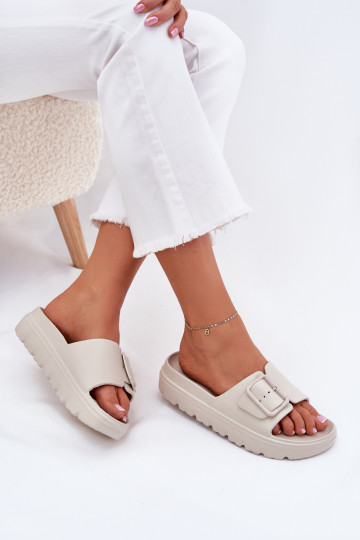 Damenhausschuhe Leichte Hausschuhe mit einer Plattform mit Schnallen Beige Viasara