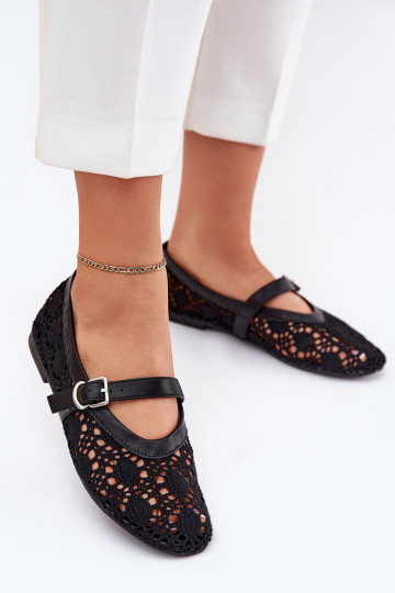 Durchbrochene Ballerinas mit Riemen schZuarze Farbe Orphali