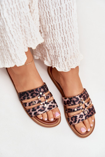 Flache Damen-Pantoletten mit goldfarbenen Details Noroti mit Leopardenmuster
