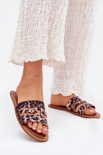 gleichschenklig Damenhausschuhe Ze goldene Farbem Detalem mit Leopardenfellmuster Noroti 2