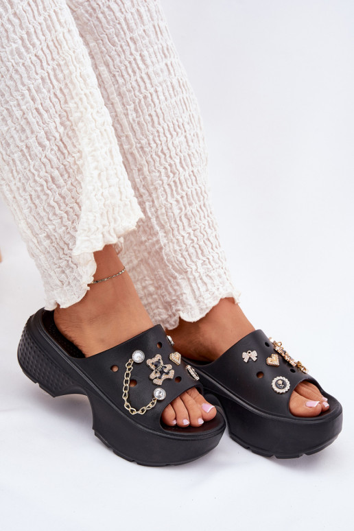 Leichte Hausschuhe Damenhausschuhe mit einer Plattform Ze goldene Farbemi Przypinkami schZuarze Farbe Ivoriel