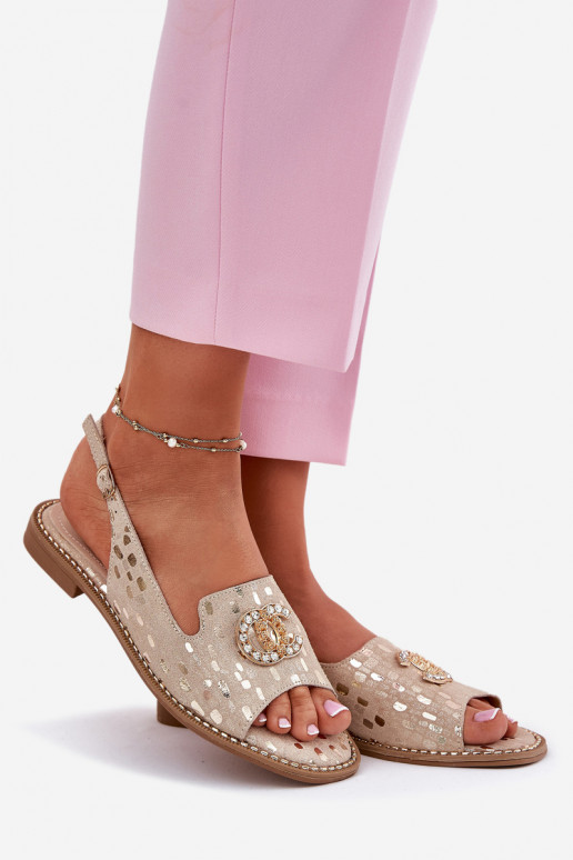 Damensandalen mit Ornamenten mit breiten Absätzen S.Barski KV51-096 goldene Farbe Damensandalen mit Ornamenten mit breiten Absätzen S.Barski KV51-096 goldene Farbe