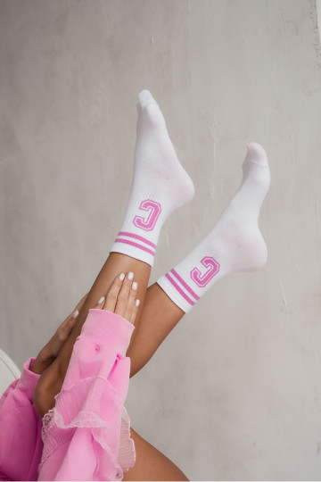 Damensocken mit Streifen I Literą C INeiß-pinke Farbe